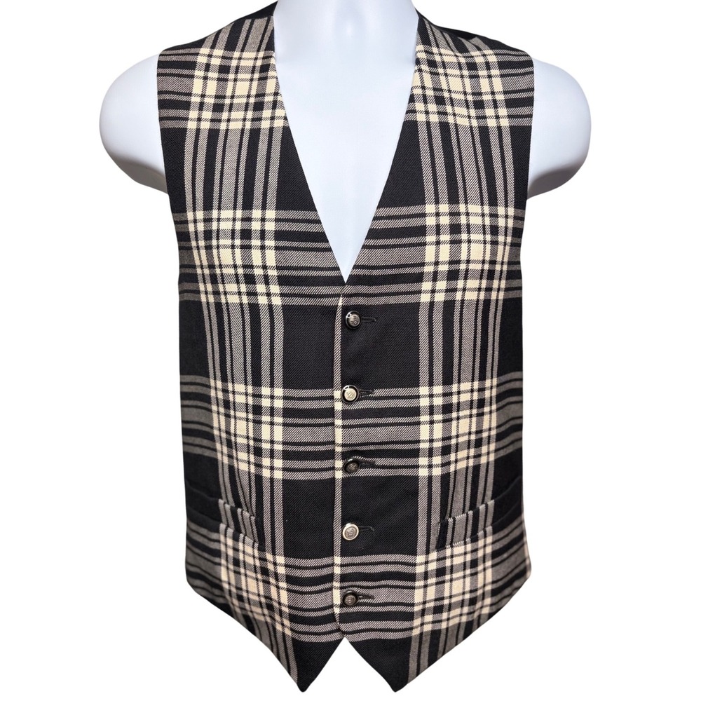 KERRY HOPE Black Plaid Wool Vest Sz M Cinch Back Formal Waistcoat Steampunk